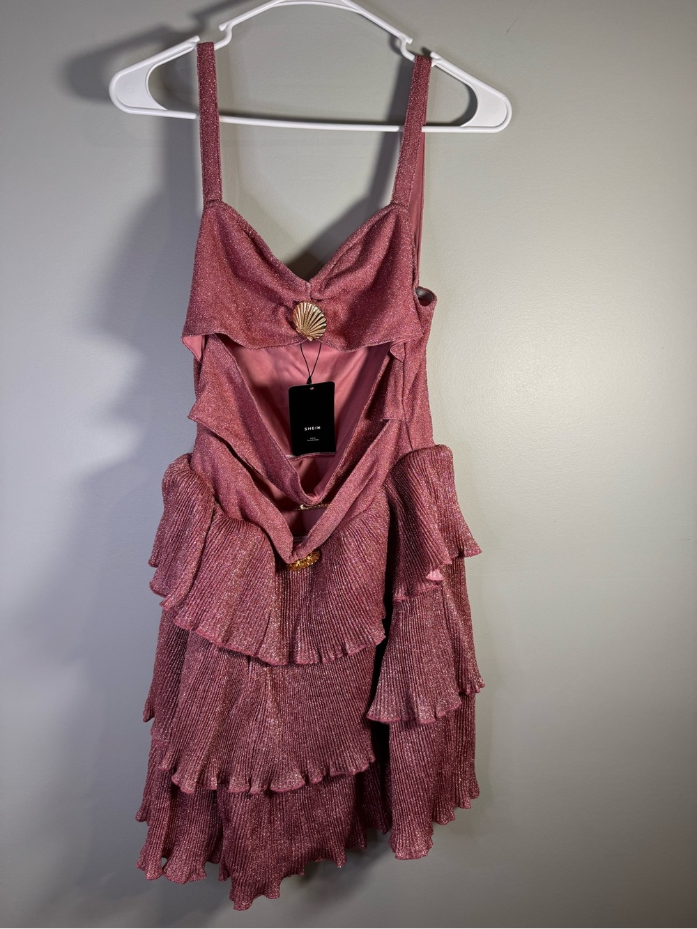 Haute Sparkling Rose Pink Ruffle Tiered Dress Seashell Dress Large
